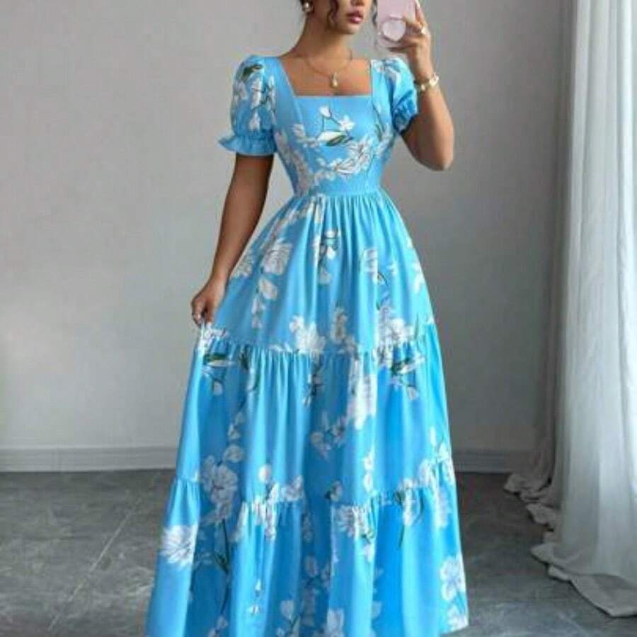 Nuevo vestido elegante para dama con escote cuadrado, mangas abultadas, estampado floral y línea A, versátil para uso casual, diario o de vacaciones - Azul - Ver 1