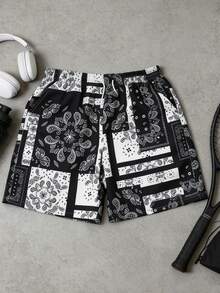 Pantalones cortos deportivos antiarrugas para hombre, pantalones cortos de surf con estampado de cachemira patchwork transpirables, perfectos para regalos festivos y deportes - Negro - Ver 5