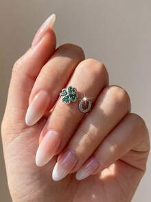 1件 925純銀四葉草U型開口戒指鑲水鑽，精緻女款飾品，適合舞會禮物、日常配戴 - 四葉草U形戒指 - 查看 4