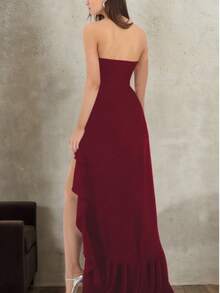 Vestido elegante de fiesta, vacaciones y boda de verano con volantes en el bajo, sin tirantes, de unicolor y sexy para mujer - Burdeos - Ver 4