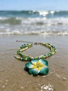 1 buah Gelang Kaki Berlapis Manik-Manik Bunga Daisy dari Tanah Liat Lembut Serbaguna Gaya Bohemian, Cocok untuk Pemakaian Sehari-hari, Pantai, Perjalanan & Liburan Pria - Hijau - View 4