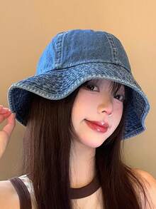 1件裝時尚牛仔水桶帽，男女通用巴拿馬帽，戶外嘻哈帽，復古水洗牛仔水桶帽，街頭風防曬帽 - A - 查看 3