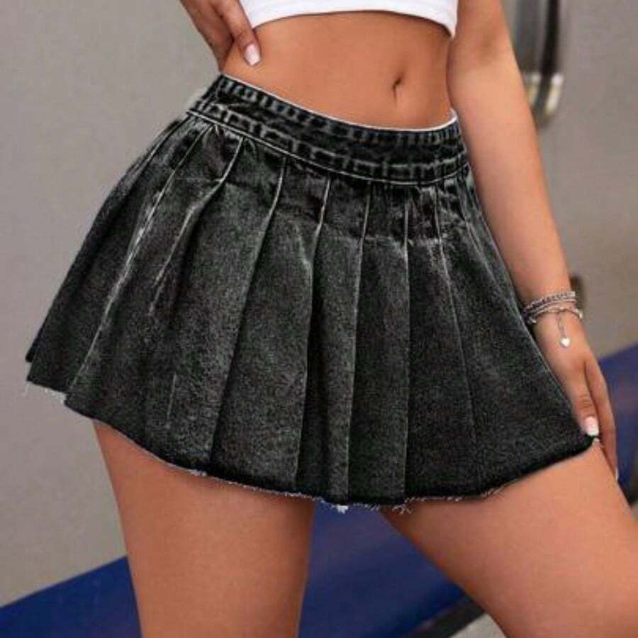 ICON  Pleated Denim Skirt For Music Festival, Spring/Summer - Gris Oscuro - Ver 1