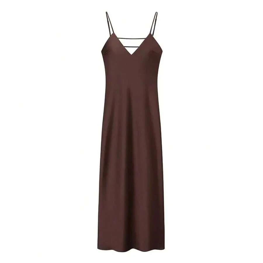 2026 mujeres verano amarillo mancha cuello en V Sling vestido elegante sin mangas suelto Maxi batas nuevas señoras vestidos de y vacaciones - Marrón - Ver 1