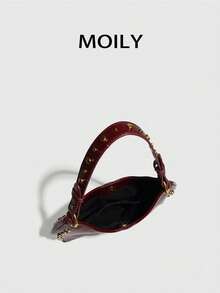 Punk Street Style Rivet Adjustable Shoulder Crossbody Saddle Bag For Women - Burgundy - View 3