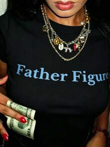 Father Figure Tee Y2k Aesthetic Tee Y2k Tee Funny Slogan  Tee Y2k Crop Top 2000s Fashion Top 90s Era Tee-Loose-Fit Easy Relaxed Style, - 黑色 - 查看 1