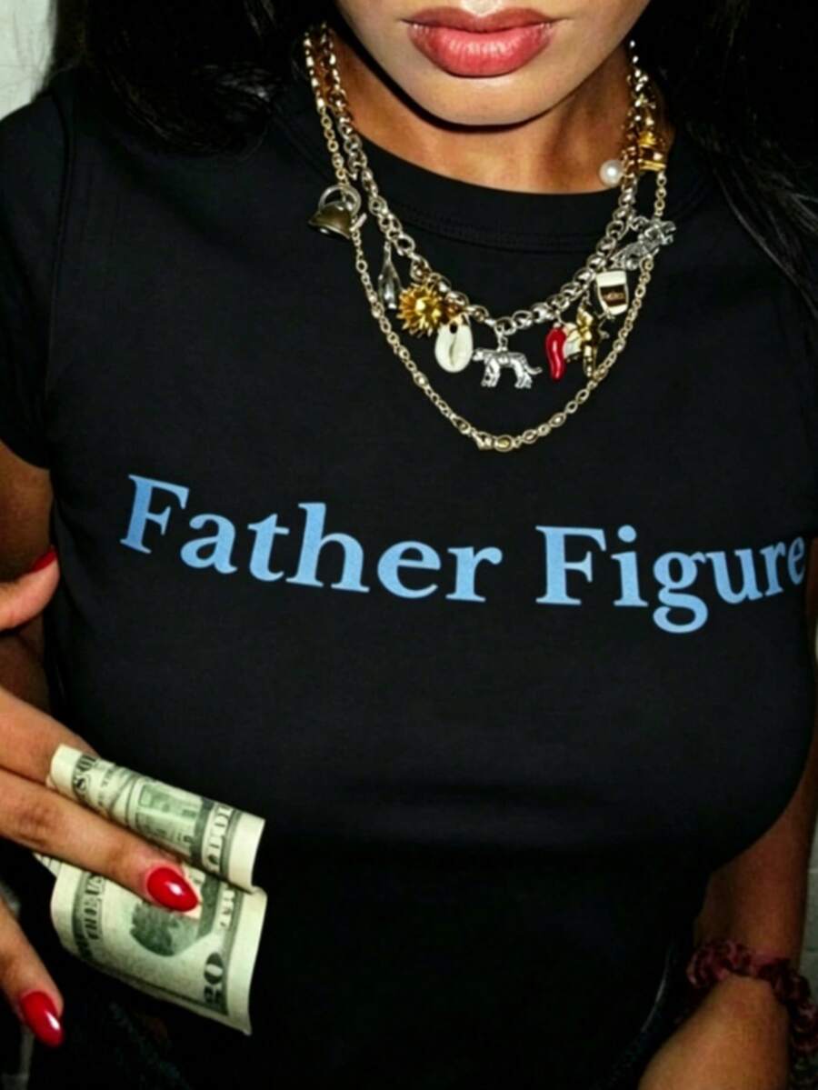 Father Figure Tee Y2k Aesthetic Tee Y2k Tee Funny Slogan Tee Y2k Crop Top 2000s Fashion Top 90s Era Tee-Loose-Fit Easy Relaxed Style, - 黑色 - 查看 1