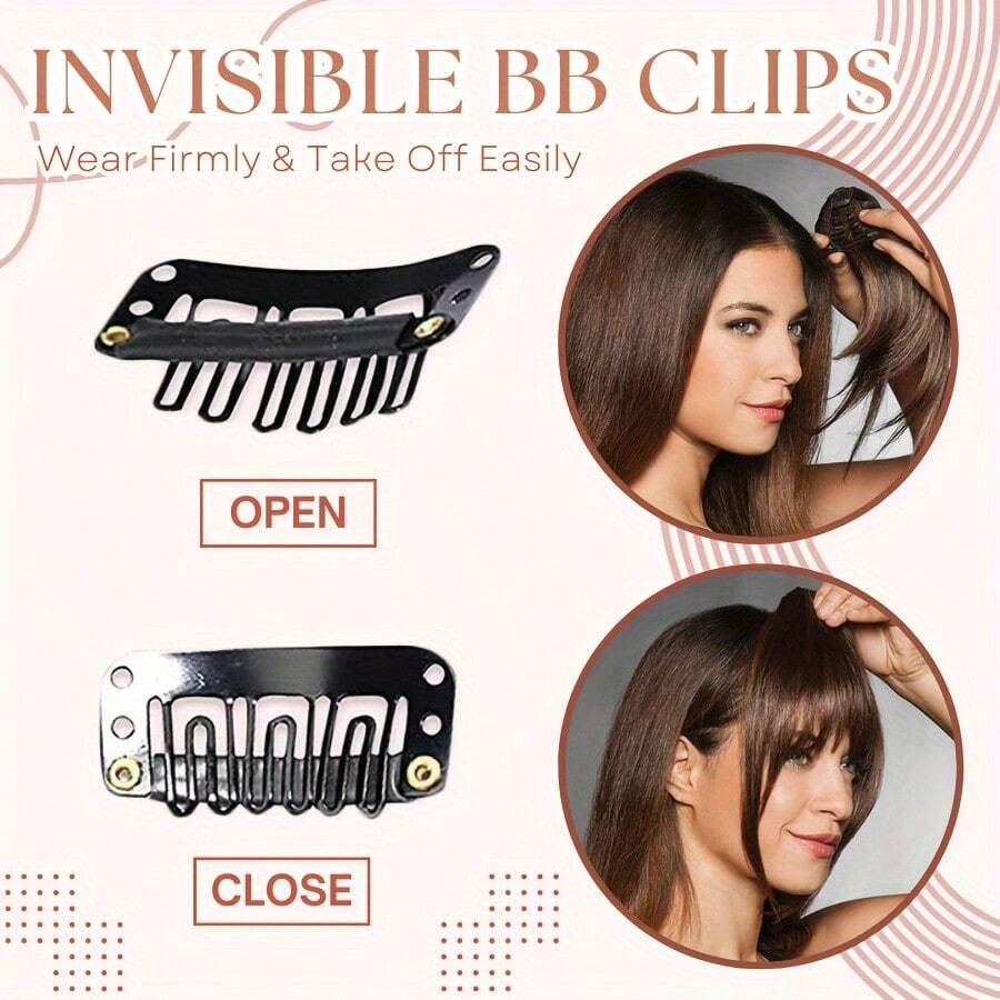 Extensiones de cabello con clip, hechas de material sintético, con flequillo recto de 6 pulgadas y piezas de varilla de 9 pulgadas.Esta postura de flequillo plano de cortina gruesa, de una sola pieza, ofrece flequillos curvos y esponjosos adecuados para el uso diario. - Light Brown - Ver 1