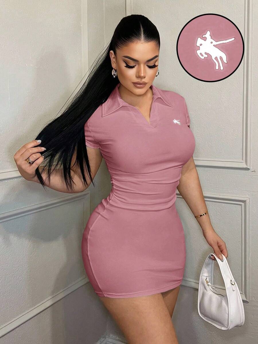 Vestido casual de negocios con cuello bordado - Rosa - Ver 1