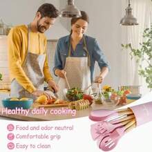 12-Piece Silicone Kitchen Utensil Set With Stand, Cooking Utensil Set, Heat-Resistant Kitchen Gadget Set With Wooden Handle, A Kitchen Essential. - Grey - View 3