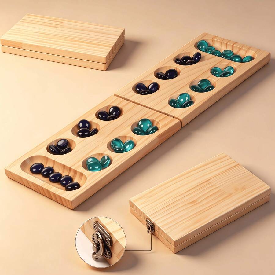 木制便携式曼卡拉棋盘游戏套装，成人国际桌上游戏，棋盘游戏，石头游戏，曼卡拉 - 彩色 - 查看 1