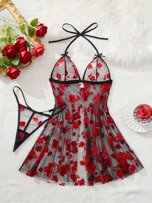 Plus Size Women's Sexy Floral Mesh Front Button Pajama Set, Front Tie Bow Decor, Dress And Panties Set, 2pcs