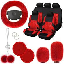 Full Set Women's Universal Car Front And Rear Seat Covers, Fluffy Steering Wheel Cover, Wool Handbrake And Gear Shift Cover, Hanging Accessory Bracket Ring Badge Sticker - Embossing - View 6