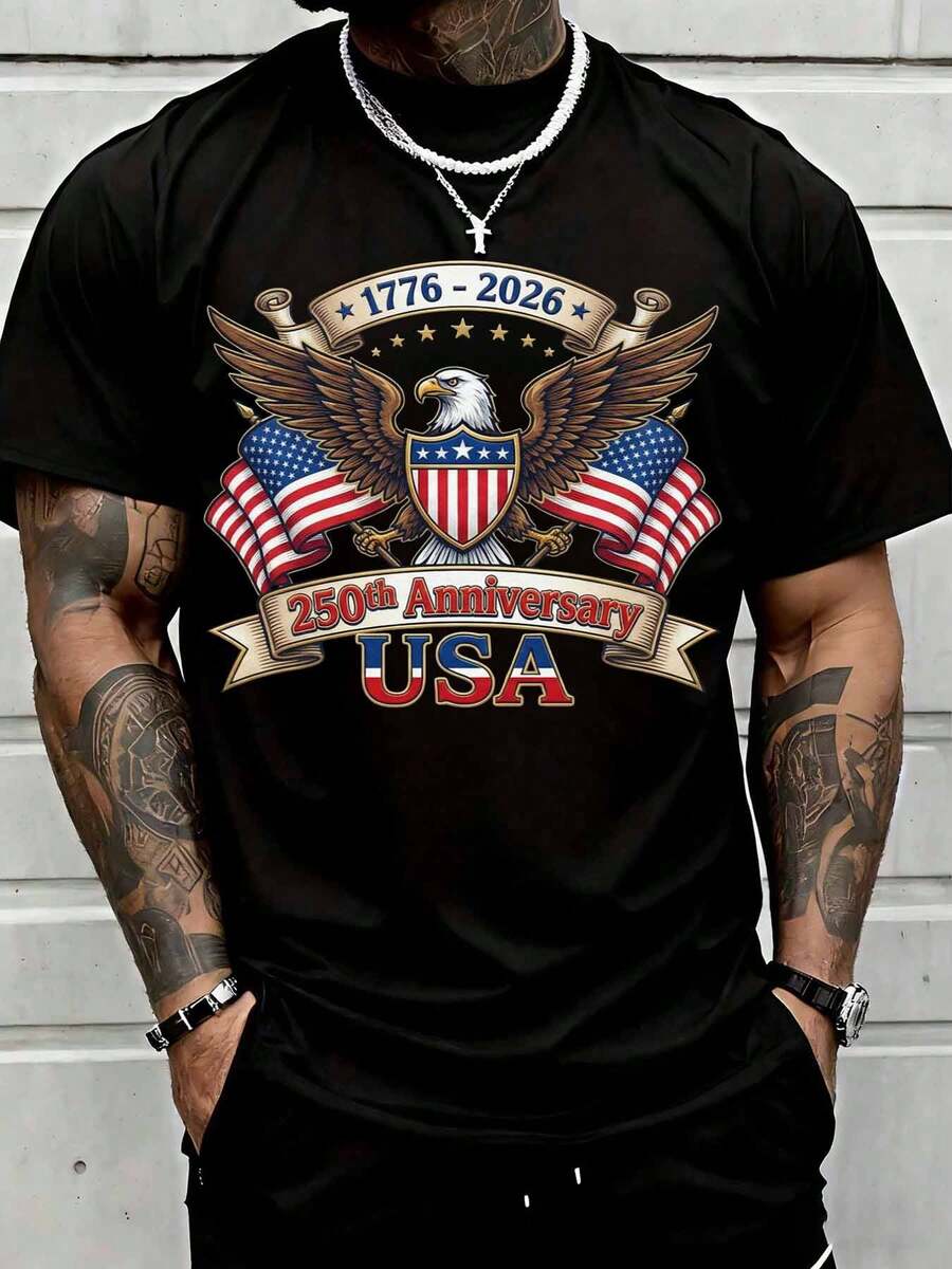 250th Anniversary Usa Independence Day Eagle American Flag T-Shirt For Men 1776 2026 Celebration Patriotic Design Suitable For Casual And Sports Wear - 黑色 - 查看 1