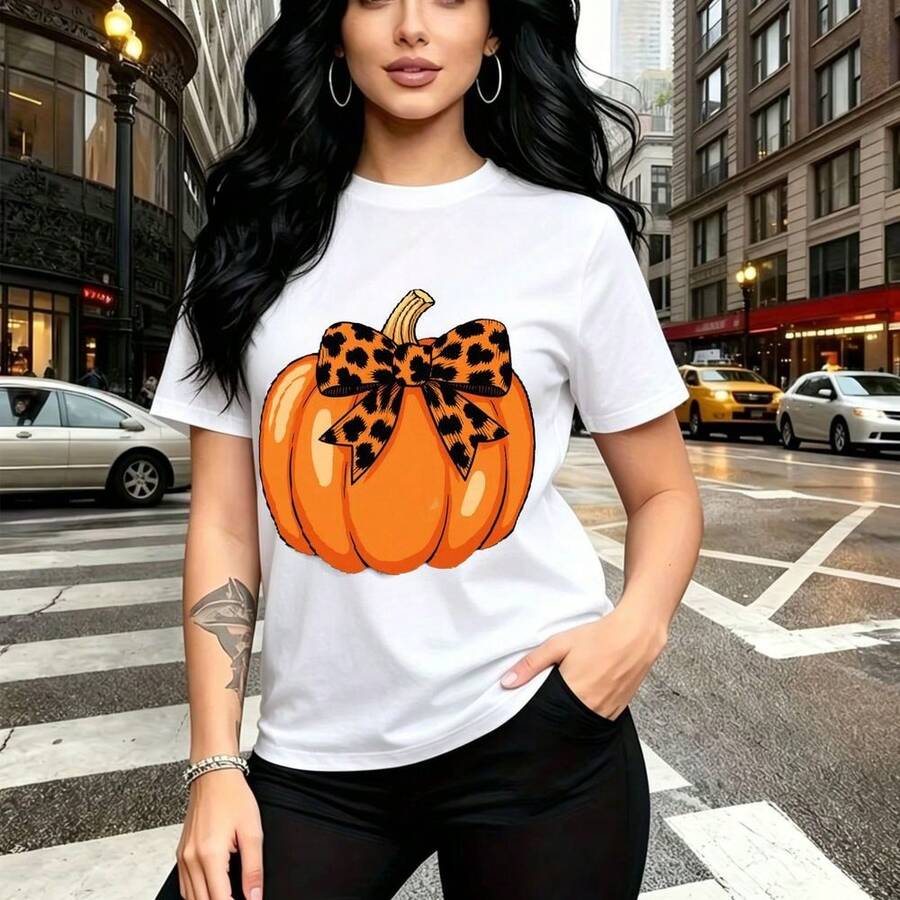 Camiseta de mujer con estampado de calabaza naranja y lazo de leopardo - diseño otoñal divertido y moderno, ajuste cómodo y casual, estilo urbano perfecto para cruzar la calle o pasear por la ciudad - regalo ideal para mamá, esposa, novia, hermana ma - Blanco - Ver 1