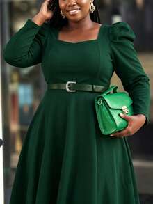 Women's Mid-Length Dress With Puff Sleeves, Square Neckline, Elegant Swing Robe, Solid Color, Elegant Fabric Belt, Suitable For Office, Casual, Work, Spring, Autumn, Winter - Dark Green - View 2