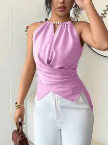 Women's Spaghetti Strap Woven Camisole, Tie-Front Design, Regular Length With Slit Hem, Suitable For Spring, Non-Stretch Solid Color Top - Pink - View 4