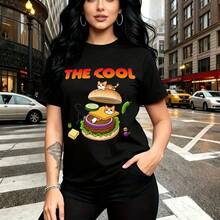 Camiseta de mujer con estampado divertido de hamburguesa y gatitos estilo cartoon - diseño colorido con texto "THE COOL" en naranja, ajuste casual cómodo y fresco, estilo urbano y alegre para la calle - ideal para días soleados, paseos por la ciudad - Negro - Ver 10