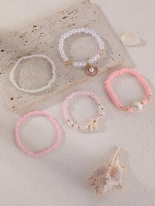 Set de 5 piezas de pulseras para niñas con perlas, cuentas y adornos de conchas y estrellas de mar, combinación adecuada para decoración diaria - Multicolor - Ver 4