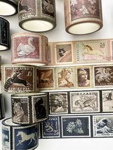 1roll Retro Stamp Pattern Creative Washi Tape, Exquisite Plant And Animal Floral Classic Print Design Tape, Multi-Color Simple Washi Tape, Used For Decorating Scrapbooks, DIY Stationery, And Gift Box Packaging - Single Piece - View 5