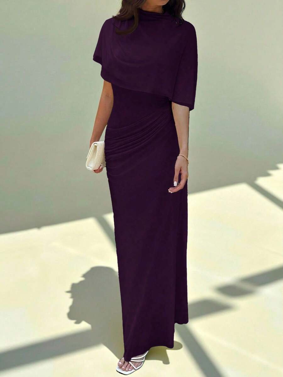 Vestido largo elegante y minimalista con diseño de cintura elástica, multicapa de volantes en la cintura, favorecedora silueta, adecuado para el trabajo, citas, vacaciones - Morado - Ver 1
