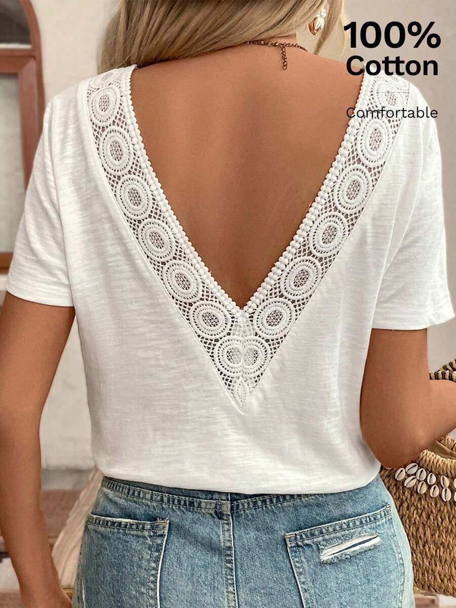 Frenchy Top amarillo con encaje y espalda descubierta, camiseta, imprescindible, conjunto de verano, imprescindible de la temporada de bodas, estilo francés - Blanco - Ver 1