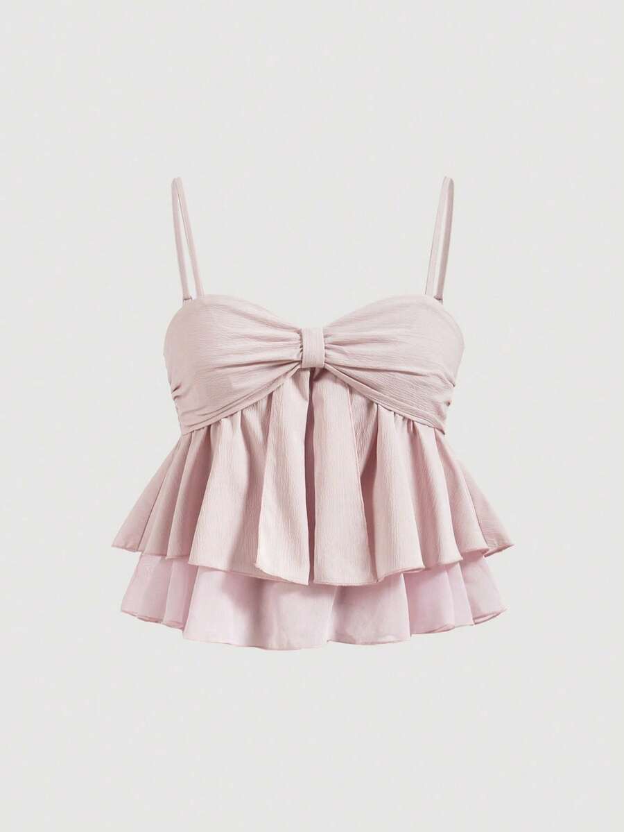 MOD Top de tirantes con volantes y pliegues de color rosa dulce para mujer, top corto de verano - Blanco - Ver 1