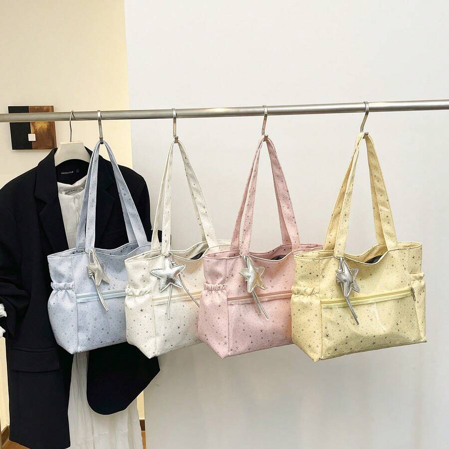 Bolso de cuero genuino de lujo, clásico y elegante, adecuado para uso diario y ceremonias. Nuevo bolso de hombro informal de gran capacidad para mujer, estilo coreano 2026, con colgante de lona en forma de estrella y pedrería. - Amarillo - Ver 1