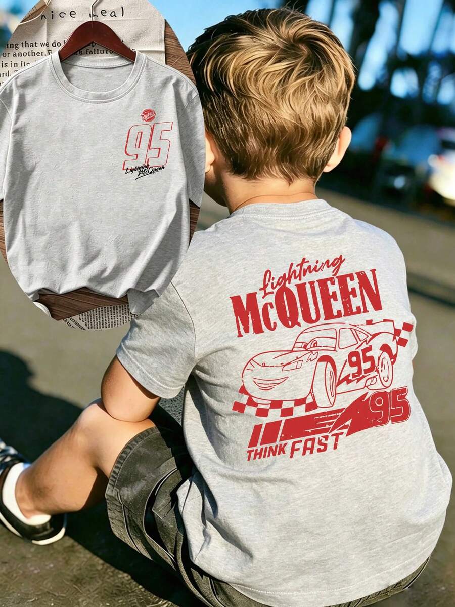 Disney Children's Printed T-Shirt, Featuring A Lightning McQueen Car Print, With A Cute And Charming Design, Warm And Comfortable, Breathable, Suitable For Boys And Girls. Very Suitable For Daily Wear And Travel. - 灰色 - 查看 1