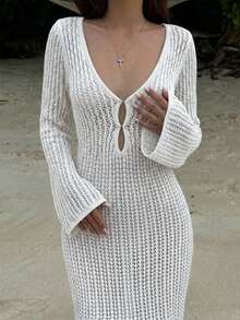 Vestido de punto de unicolor sin espalda y calado para vacaciones en la playa - Blanco - Ver 4