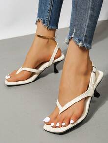 Women's French Style Kitten Heel Thong Sandals, Square Toe Backstrap Low Heel Flip Flops, Elegant Summer Formal Sandals - Off White - View 3