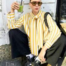 ZAHM Camisa de mujer de manga larga con cuello a rayas verticales, manga holgada con puño, estilo casual de negocios, escuela y viajes, color rojo - Amarillo - Ver 1