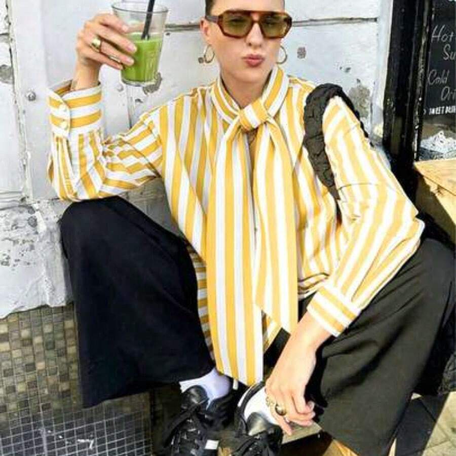 ZAHM Camisa de mujer de manga larga con cuello a rayas verticales, manga holgada con puño, estilo casual de negocios, escuela y viajes, color rojo - Amarillo - Ver 1
