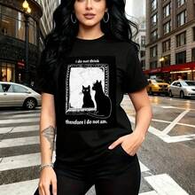 Camiseta de mujer con estampado divertido de dos gatos y frase filosófica "i do not think, therefore i do am" - diseño gráfico blanco sobre fondo negro, corte casual de manga corta con ajuste cómodo y fresco, estilo urbano ideal para caminar por la c - Negro - Ver 10