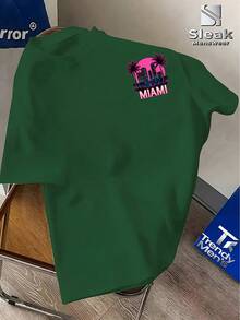 Camiseta de manga corta con estampado de grafiti de arte urbano neón de Miami, estilo vacaciones americanas, diseño de tótem visual, ligera, moderna, para hombre, ropa casual de calle, súper popular, transpirable, capa base. - Verde - Ver 2