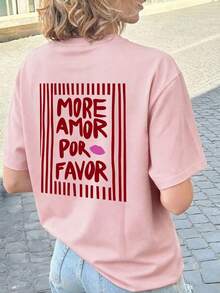 1件女款夏季寬鬆休閒圓領短袖T恤上衣,「MORE AMOR POR FAVOR」條紋印花圖案襯衫,度假、辦公、日常穿搭,粉紅色 - 粉色 - 查看 6