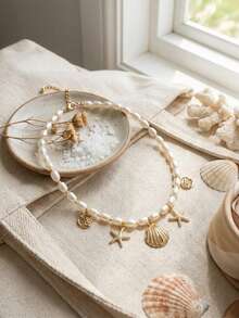 1pc Summer Ocean Golden Shell & Starfish Pendant Pearl Beaded Necklace For Women - Multicolor - View 2