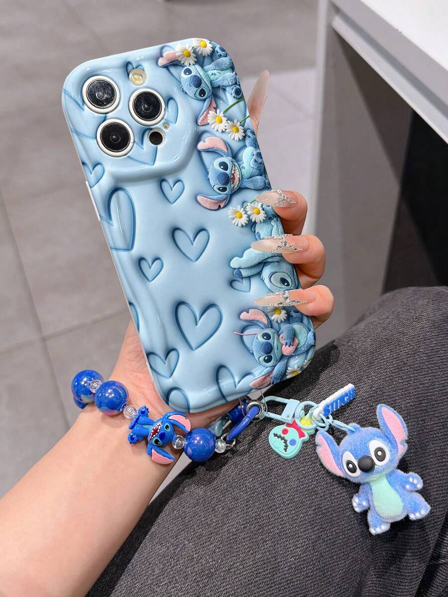 Disney Has Authorized, Phone Case - Chain Set, The Stitch Lilo & Stitch 3D Phone Case Plus A Silicone 3D Stitch Bracelet With Metallic Ring Removable Bracelet, Stitch And Angel Pattern, Compatible With Iphone17/16/15/14/13/12/11/XS/XR/X Plus Pro Max, A Stylish Cartoon Phone Case, The Perfect Gift Choice, Phone Protection, Durable Phone Cover, Great Gift For Friends And Family. - 白色 - 查看 1
