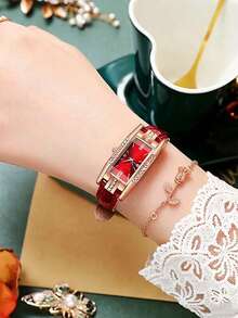 2pcs Quartz Analog Watches, Square Roman Numeral Dial, Vintage Formal Watch + Accessory Set - Red - View 5