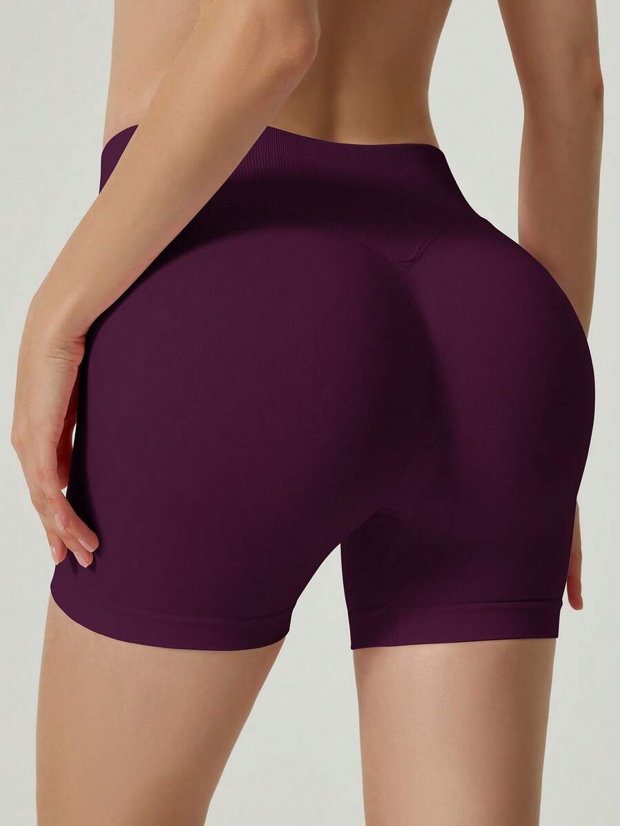 UONNOU 女款高腰蜜桃提臀單車褲,收腹無縫瑜伽健身運動短褲 - 紫色 - 查看 1