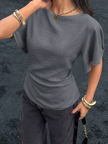 Blusa de manga corta con cintura ceñida, 100% algodón marrón con ribete negro para mujer - Gris - Ver 1