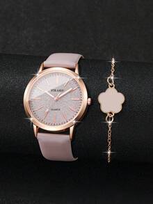 2pcs/Set Women's Fashion Minimalist Scale Dial Quartz Wrist Watch + Heart Charm Bracelet, No Watch Box Included - Grey - View 3