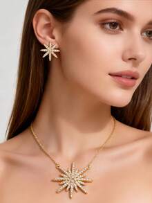 1 bộ trang sức cao cấp đính đá Zirconia lấp lánh họa tiết mặt trời gồm bông tai nụ và dây chuyền 2 món, phù hợp đeo đi tiệc - bộ trang sức nữ - Xem 2