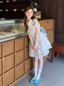 [Currently A Huge Hit! A Sweet And Adorable Summer Dress] Fluffy Sleeves, Folded Collar, Unique Floral Print, Knee-Length Tulle Dress. A Design That Stands Out From The Crowd. Affordable And Perfect For Social Media. You'll Definitely Want To Buy It Again! Women's Dresses. - Image Color - View 2
