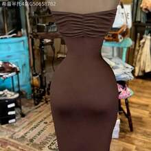 Fengyu Women's Clothing Store  Vestido de mujer de unicolor con hombros descubiertos y abertura - Cafetería - Ver 3