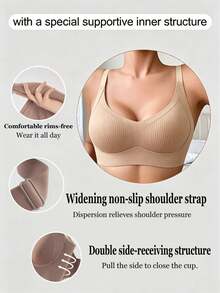 4-Pcs Seamless Breathable Wireless Sports Bra For Women - Full Coverage Design, Anti-Slip Material, With Lifting And Support Functions, Comfortable To Wear, Ribbed Details, Made Of Nylon And Elastic Fiber Blend, Hand Wash. Elegant Solid Color Design. - Multicolor - View 5