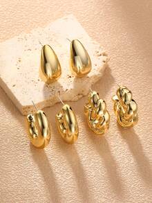 NAIZHU 3/9 Pairs Set European And American Fashionable Metallic Water Drop Geometric C-Shaped Earrings, Suitable For Daily Wear, Dates, Parties - Gold - View 5