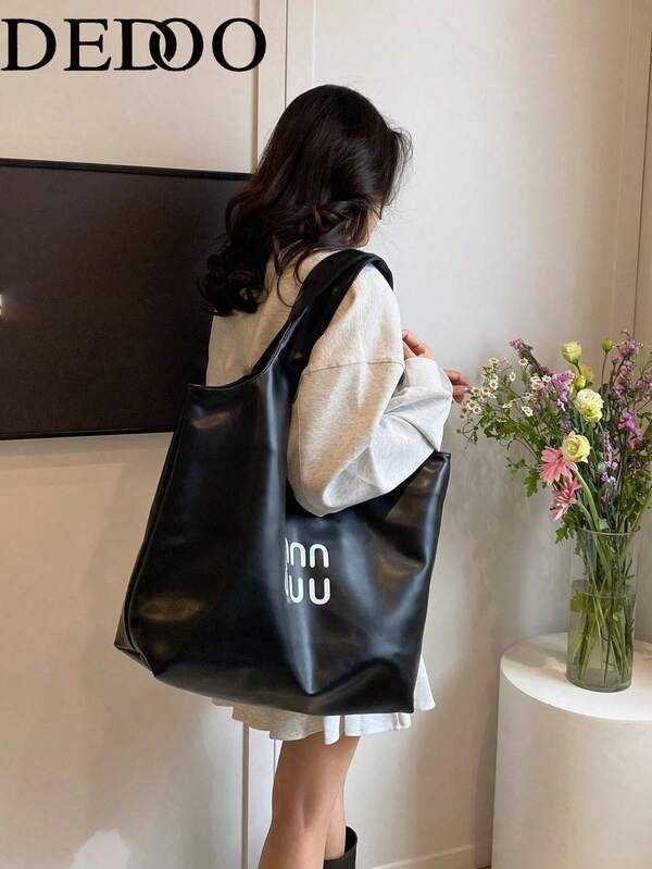 Dedoo Women's Large Capacity Shoulder Tote Bag, Letter Print Metallic Leather, Suitable For Young Women's Daily Commute, Shopping, Leisure Handbag, All Season