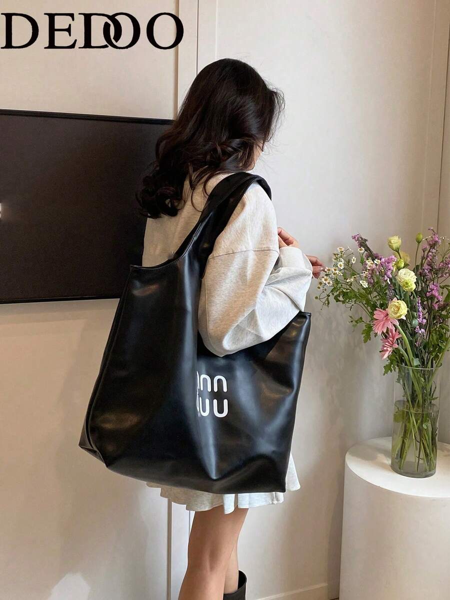 Dedoo 女款大容量單肩托特包,字母印花金屬感皮革,適合年輕女性日常通勤、購物、休閒手提包,四季皆宜 - 黑色 - 查看 1