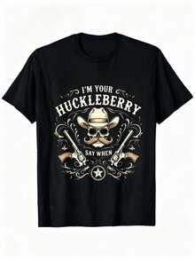 Black Short Sleeve T-Shirt With Cowboy Skull And Guns Print I'M YOUR HUCKLEBERRY SAY WHEN For Men Western Theme Clothing Ideal For Costume Parties And Theme Events - 黑色 - 查看 1